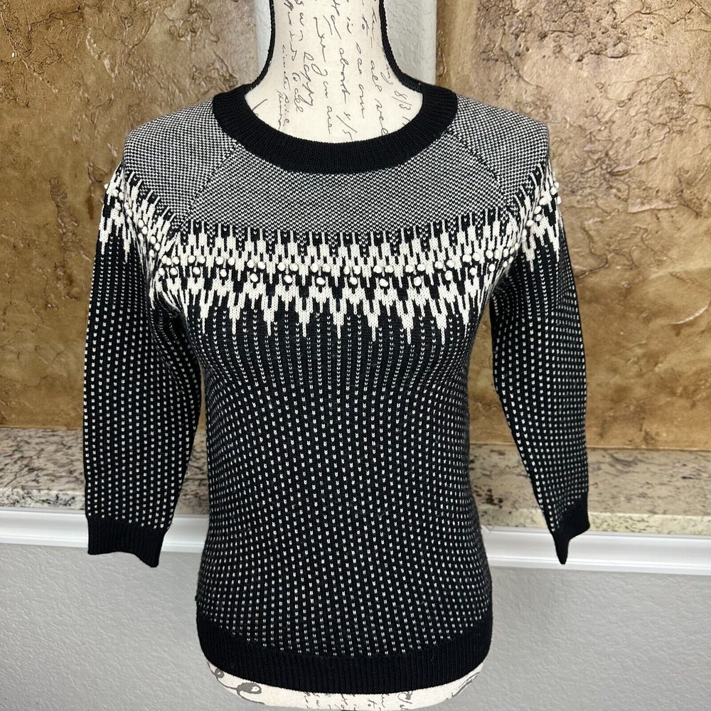 J. Crew Sweater Womens XXS Fair Isle Birds Eye‎ 100% Merino Wool Knit 3/4 Sleeve